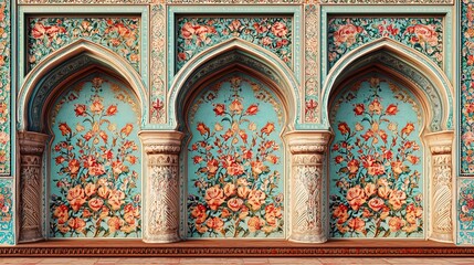 A beautifully ornate wall featuring three arched recesses adorned with intricate floral patterns in vivid colors. The background is a soft blue, enhancing the vibrant hues of the roses and other flowe