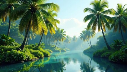 Obraz premium Palm trees sway gently in the breeze amidst a lush green oasis, serene atmosphere, nature, water reflection