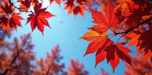 Fiery red and orange hues of autumn leaves against a clear blue sky, branches, landscape