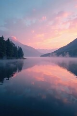 Fototapeta premium Foggy lake on a serene evening with soft focus, serene, mist, evening