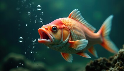 Dead fish gasping, mouths open, bubbles in polluted water , water pollution, oil spill