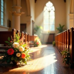 Sunlit flower arrangements on the aisle of a chapel, chapel decor, sunlit, flowers on aisle