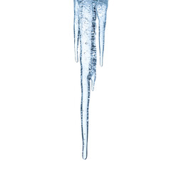 A sharp, transparent blue icicle, dripping slightly and showing internal bubbles, is vertically isolated on a pure transparent background for cold