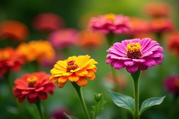 Brightly colored Zinnia flowers blooming in a garden, summer, blossoms, colorful