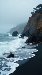 Obraz premium Dark grey winter swells pound rocky California shore , sea, cold, nature photography