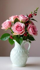 Fototapeta premium A frosted white vase filled with pink roses and holly berries, holiday arrangement, frosted white vase