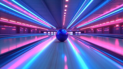 Neon bowling alley with a blue bowling ball;  futuristic, vibrant lanes