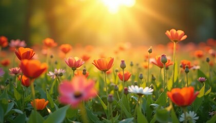 Soft morning sunlight filtering through a field of flowers, botanical, morning