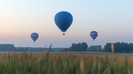 Hot air balloons rising over misty field at dawn