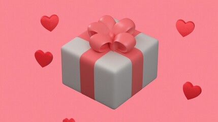 Valentine's Day 3D. A gift box with a pink ribbon and bow, surrounded by floating hearts, set against a soft pink background, perfect for celebrations.