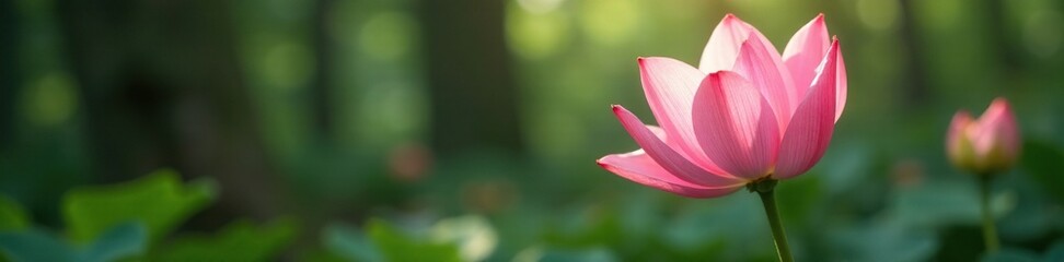 Naklejka premium Soft petals unfurl in hues of blush pink amidst forest foliage, nature, forest bloom, flora