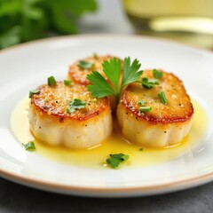 Seared scallops with garlic butter and parsley, scallops, parley, white wine