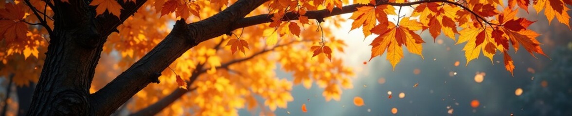 Obraz premium Turbulent whirlwind of golden autumn leaves surrounds the bare branches of winter, tree, leaves