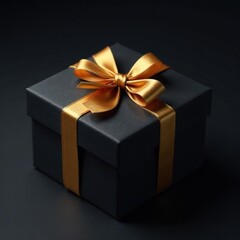 Obraz premium Black gift box with gold ribbon tied in a perfect bow on a dark, high-contrast background, mysterious, velvety