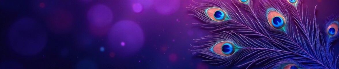 Obraz premium Iridescent peacock feathers against a rich violet and purple gradient, violet, peacock