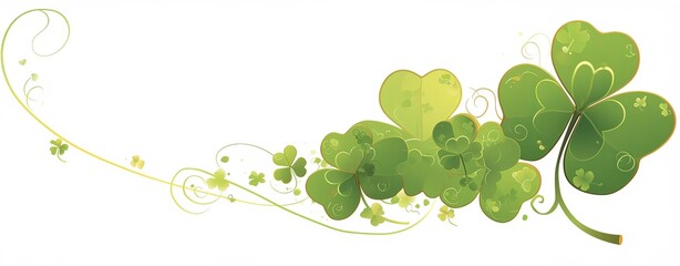 Fototapeta premium a green clover leaf with a continuous curved stem, minimalist design on a white background, symbolizing St. Patrick's Day celebration.