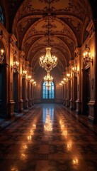 Fototapeta premium Grand hall with chandeliers sparkling in the night, glow, , crystal