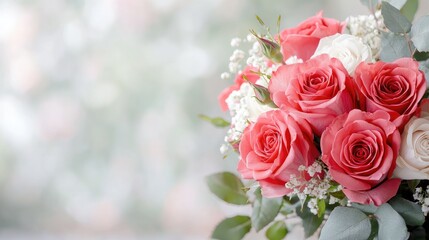 Pink and white roses bouquet, romantic floral arrangement, soft background, wedding decoration