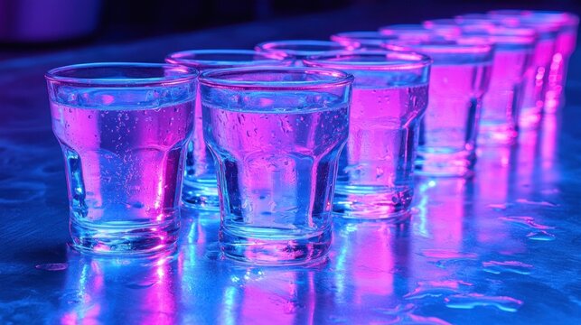 Neon shot glasses lined up on a bar in a nightclub