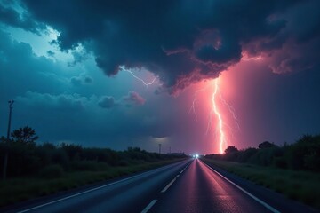 Stormy weather on a summer evening with heavy rain and thunder, turmoil, turbulent, tempest