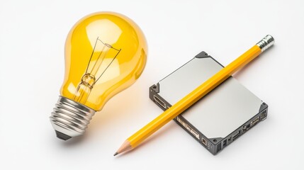 Bright Yellow Light Bulb Next to Pencil and External Hard Drive