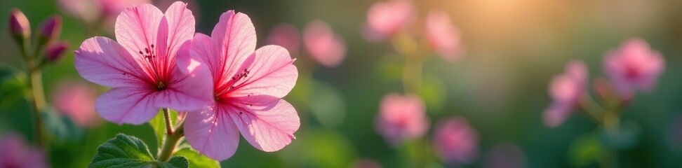 Fototapeta premium Soft pink geranium petals glistening with dew on a morning misty garden scene, soft petals, nature