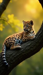 Obraz premium Golden hour light bathes a resting leopard cub on a high branch , nature, sun, animal photography