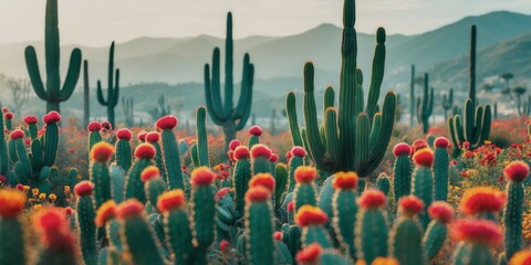 A field of cacti with red flowers. The cacti are tall and green, and the flowers are bright red. The scene is peaceful and serene, with the cacti