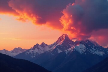 Fiery clouds paint the mountain peaks at sunset , vista, golden, atmosphere