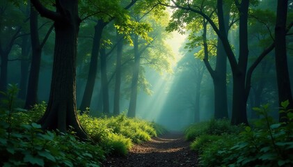 Fototapeta premium A dense forest with towering trees and underbrush, trees, foliage, wilderness