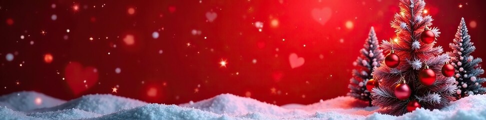 Obraz premium Fondo de navidad rojo con esferas y ?rboles decorados, red winter scene, Christmas tree with ornaments