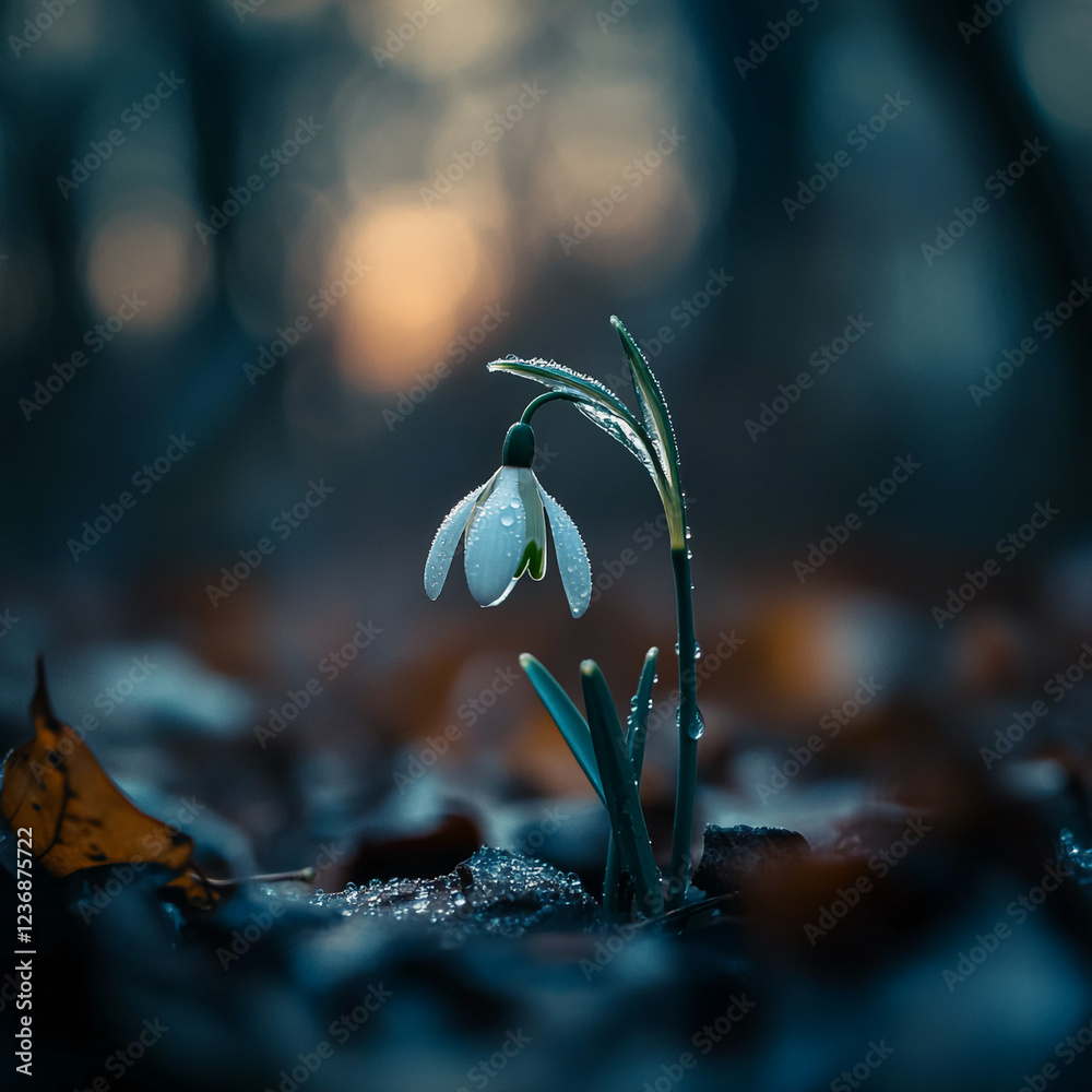 Poster a close-up of a snowdrop flower with dew drops on its petals, symbolizing the arrival of spring, new