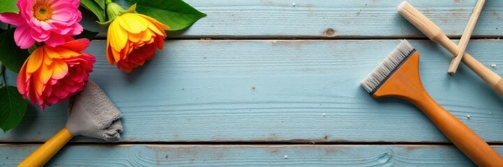 Fototapeta premium Bright spring blooms & cleaning tools on rustic grey wood, lifestyle, brush