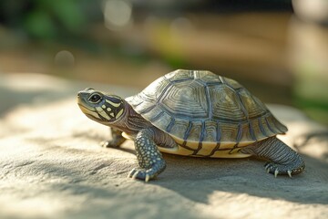 Fototapeta premium A graceful turtle taking deliberate steps on a sandy beach beneath a clear blue sky