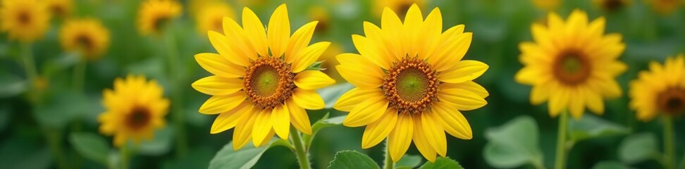 Obraz premium Twin sunflowers growing side by side, with bright yellow petals and dark centers, Dahlia, Carnation, Clover