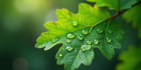 Water droplets create tiny mirrors on the surface of fallen oak leaves, morning, green, drops