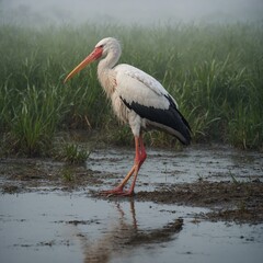 Fototapeta premium A weathered white stork standing in a misty wetland.