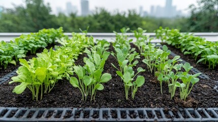Rooftop urban garden with seedlings, city background