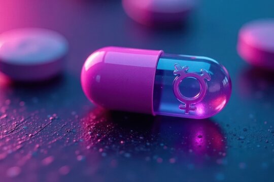 Close-up, purple pill blister, transgender symbol, medical supplies, gender affirming care, transgender health