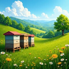 Bee hives on a hillside with dandelions and wildflowers, apiary, , hills