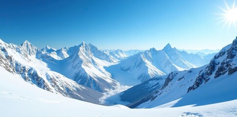 Obraz premium Snowy mountain peaks stretching towards a bright blue sky, snowy peaks, blue sky, winter scenery