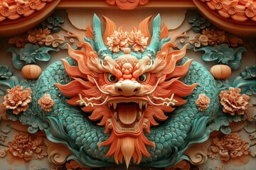Fototapeta premium Ornate Dragon Relief, Temple Facade, Asian Culture, Religious Art, Background Floral Design.