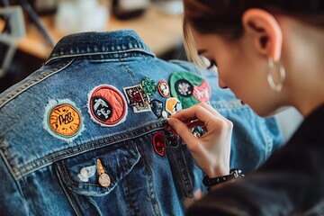 A a designer hand-sewing patches onto a denim jacket, emphasizing the art upcycling