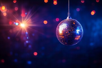 Obraz premium Vibrant disco ball illuminates dark space, perfect for music event banner with text area