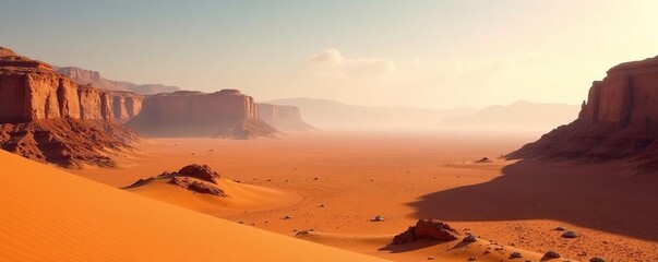 Naklejka premium Scorching desert landscape with vast sand dunes and rocky outcrops, earth, mountains