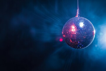 Obraz premium Vibrant disco ball illuminates dark background for music event website banner with text space