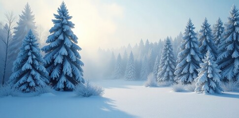 Fototapeta premium Frosted forest mist rises above snow-covered trees, winter wonderland, nature, frozen
