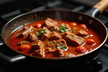 Hearty beef strips cooked in a rich tomato sauce simmering on the stovetop, beef, stovetop