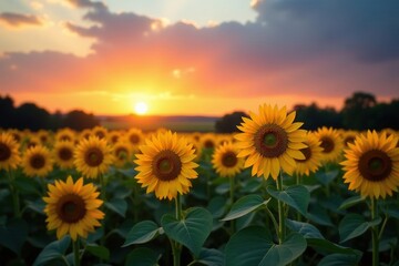 Fototapeta premium Sunflower field at dusk with a serene atmosphere, calm, sunset, dusk