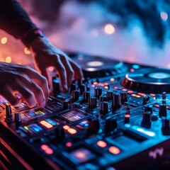 Obraz premium Dj showcasing skills spinning, mixing, and scratching tracks amidst strobe lights and fog